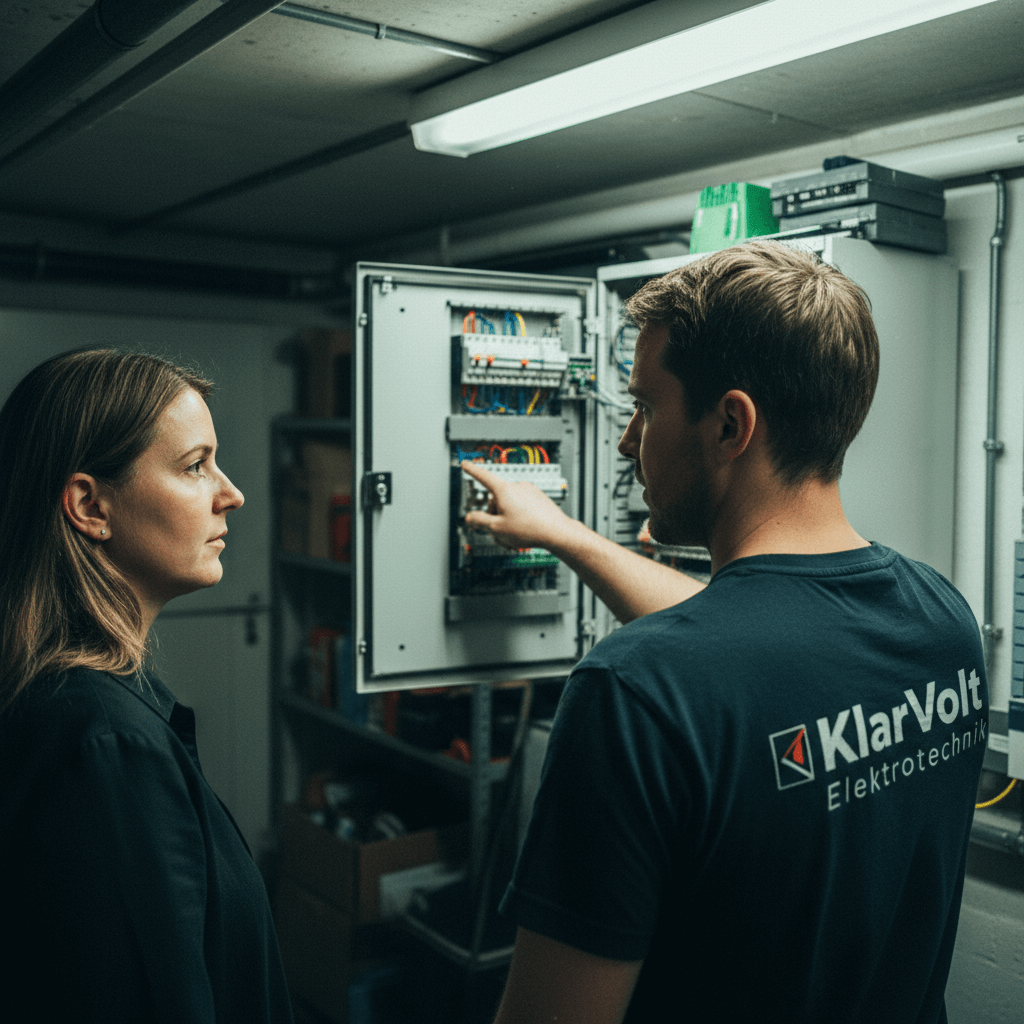 Techniker erklärt dem Kunden den Sicherungskasten