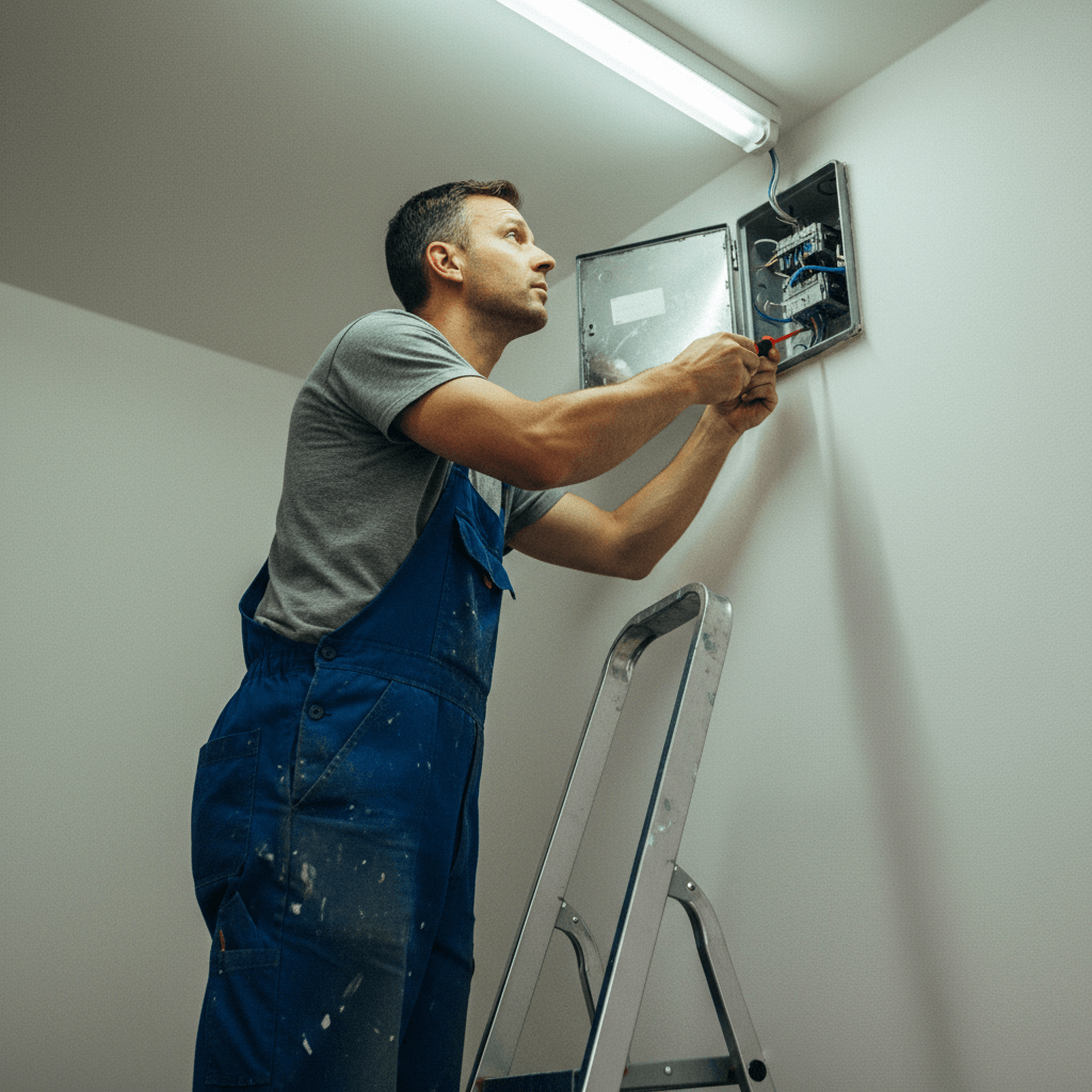 Professioneller Elektriker in Arbeitskleidung bei der Installation einer elektrischen Anlage für mehr Sicherheit.