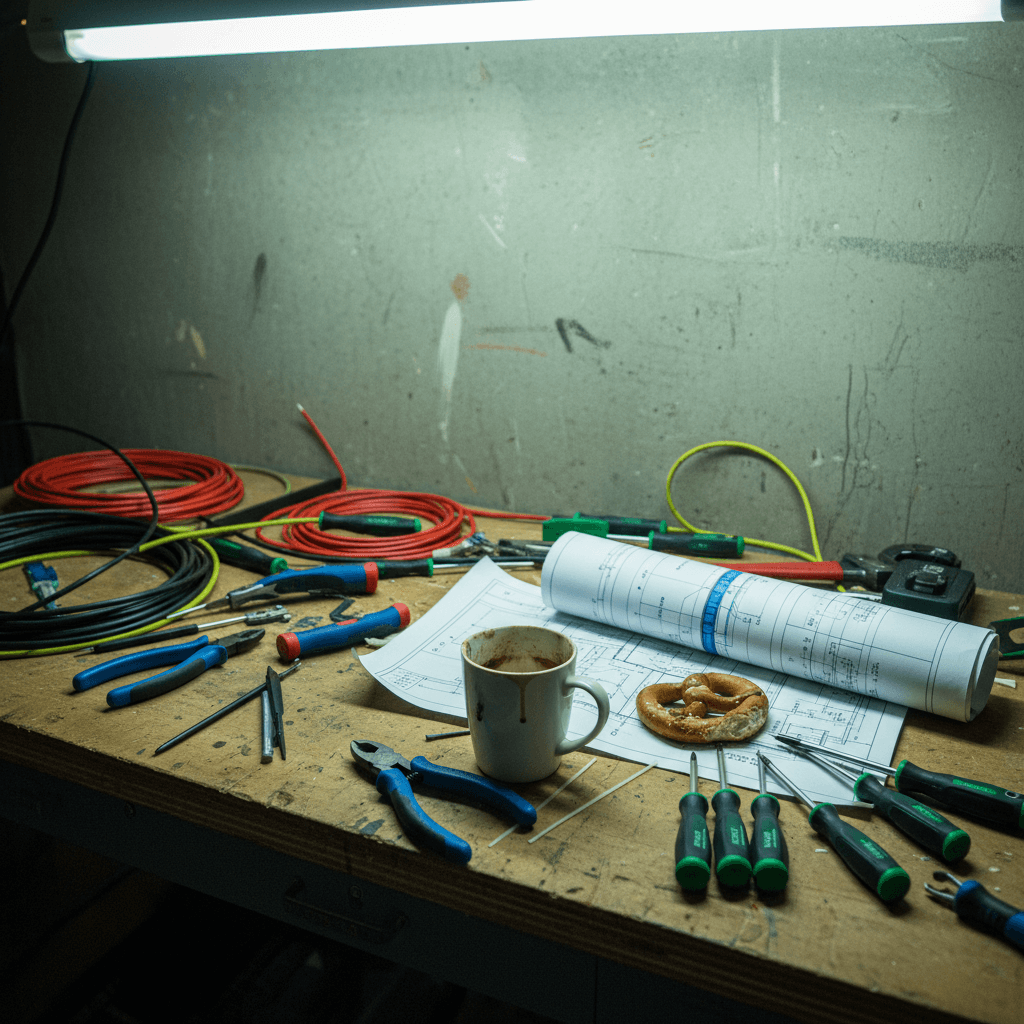 Hochmoderner Arbeitsplatz mit Werkzeugen für Elektroinstallationen